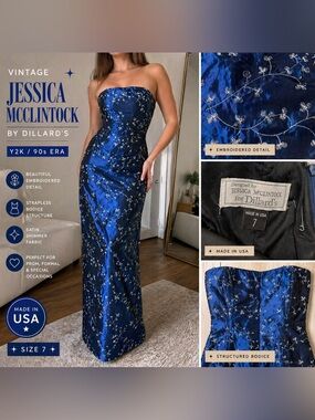 Vintage Jessica McClintock Formal Dress Blue Satin Embroidered Strapless Prom